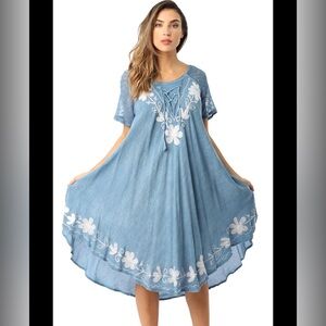 Riviera Sun Light Blue Embroidered Floral Sun Dress NWT‎ Women’s Size S